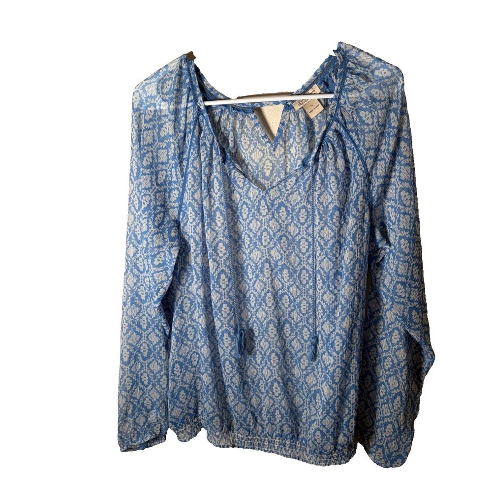 Lucky Brand Blouse Women's XL Blue Sheer V-Neck Long Sleeve Boho Casual Top